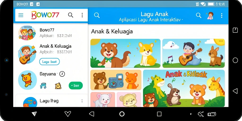 Antarmuka ceria aplikasi BOWO77 dengan berbagai lagu anak.